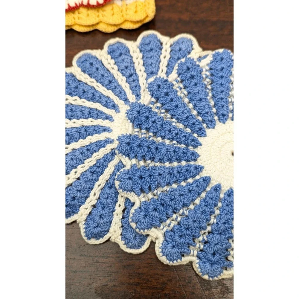 Vintage Handmade Crochet Potholders Lot of 4 Dress Flower Blue Red Yellow Retro
